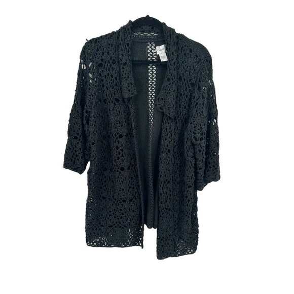 Chicos Cardigan Sweater Womens Large Black 3/4 Sleeve Open‎ Knit Crochet - Picture 1 of 5